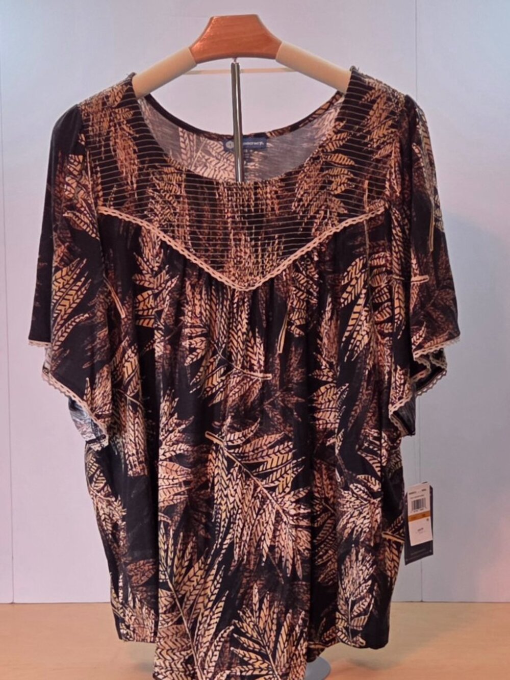 Democracy Short Sleeve Top, 3X, Black/tan/warm caramel brown